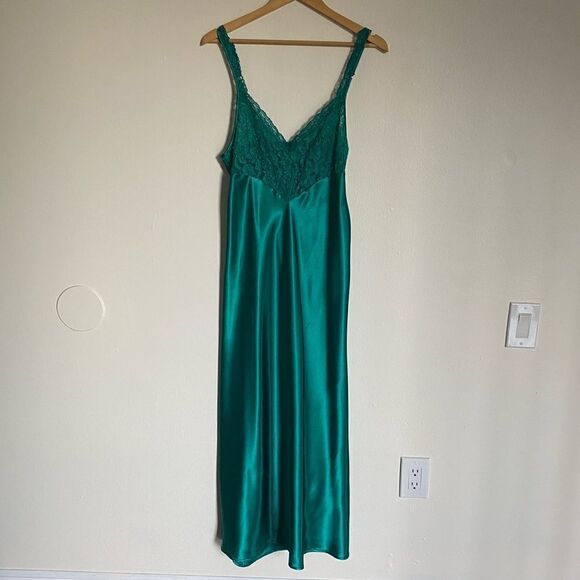 Vintage Morgan Taylor Emerald Green Lace Nightgown Negligee Maxi Dress Size L - Picture 2 of 14